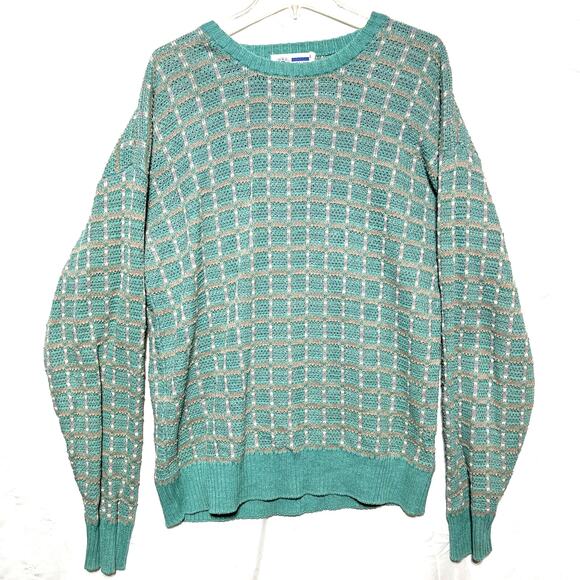 Vintage Arrow Dover Sweater Ramie Cotton Green Plaid Large White Tan 90s Rare - Picture 1 of 8